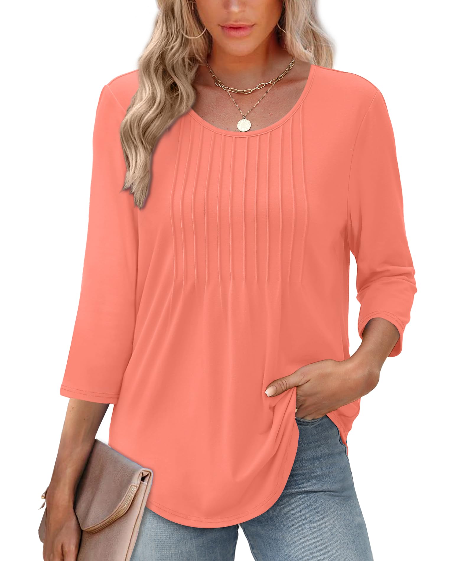 Women's 3/4 Length SleeveCrewneck Casual Pleated TunicTops