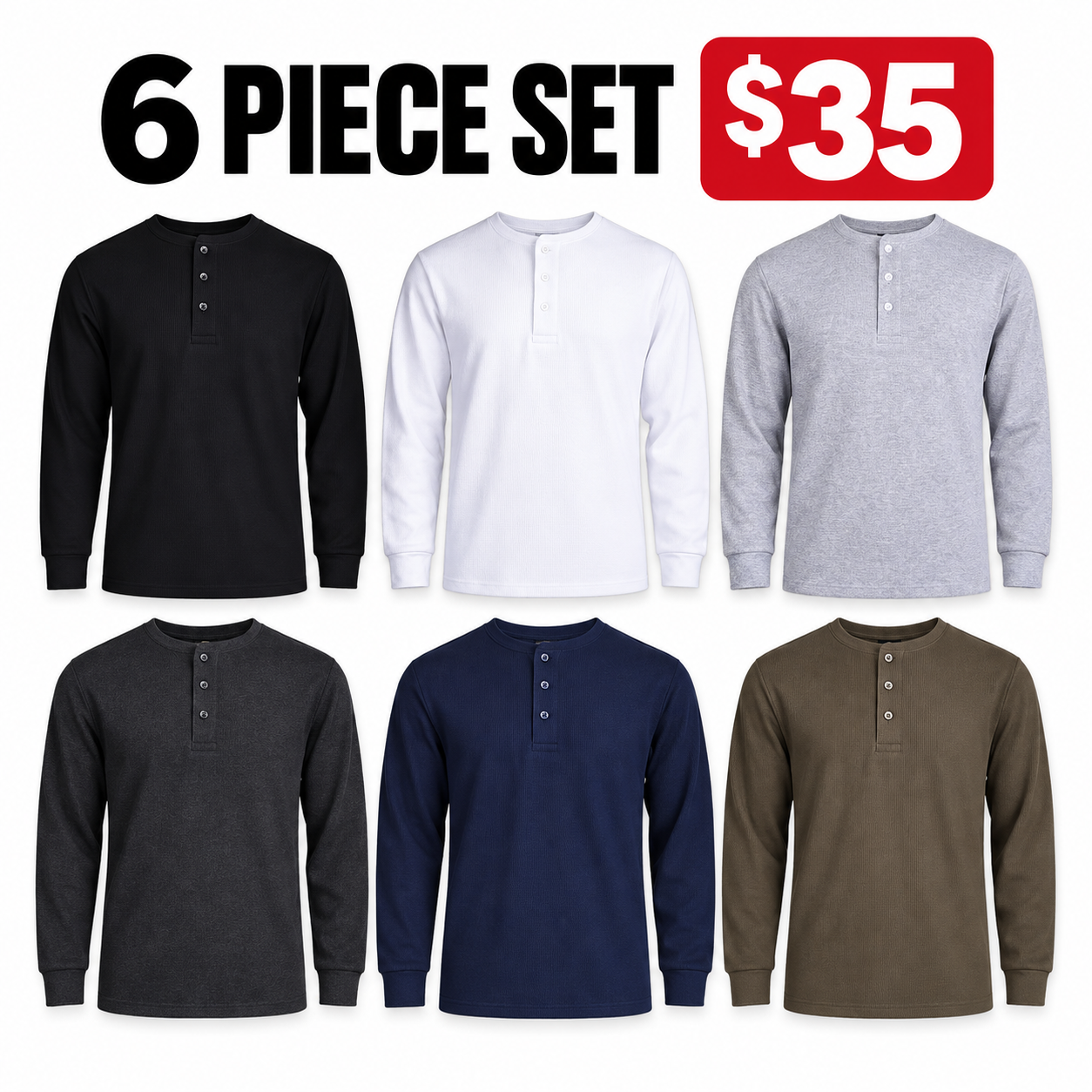 Men's Cotton Waffle-Knit Thermal Henley Shirt Long Sleeve S-3XL Breathable Fashion Casual Pullover Solid Tops Knitwear Menswear