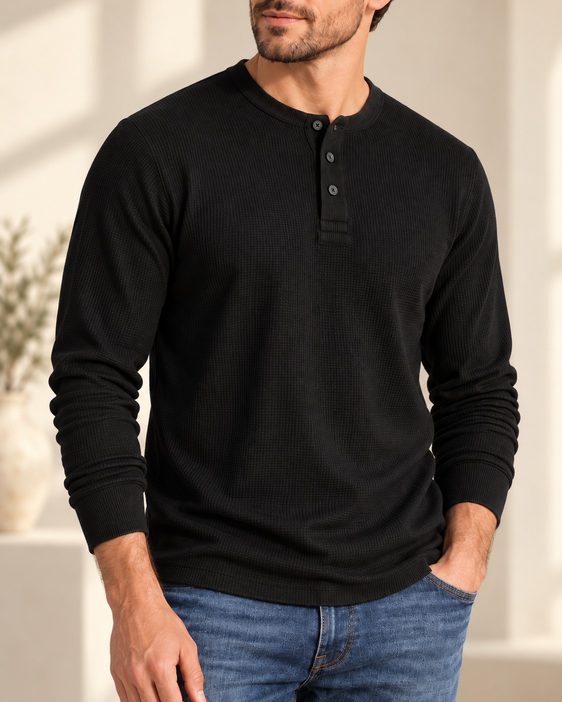 Men's Cotton Waffle-Knit Thermal Henley Shirt Long Sleeve S-3XL Breathable Fashion Casual Pullover Solid Tops Knitwear Menswear