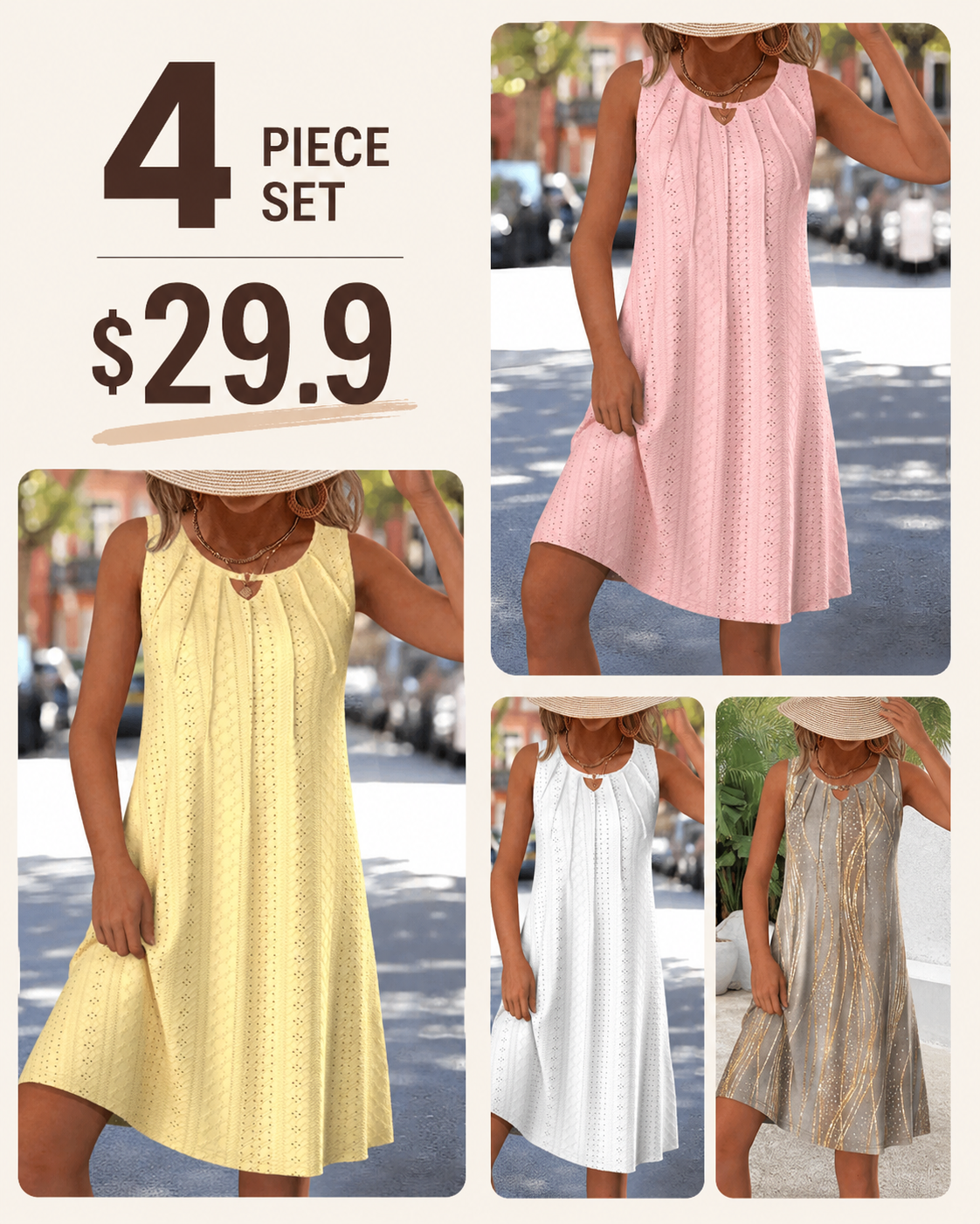White Jacquard A Line Sleeveless Round Neck Dress