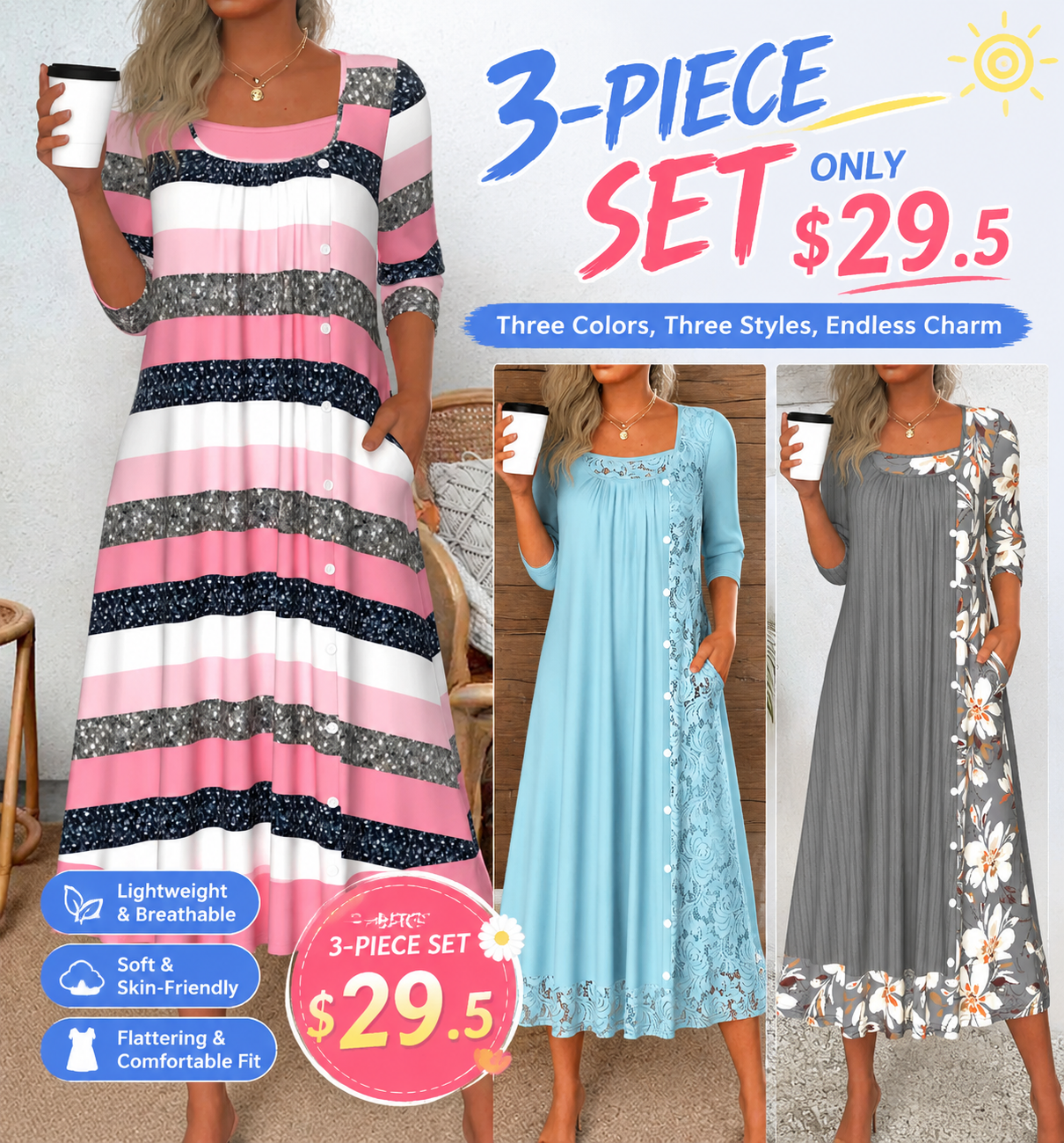 Light Blue Patchwork A Line 3/4 Sleeve Dress