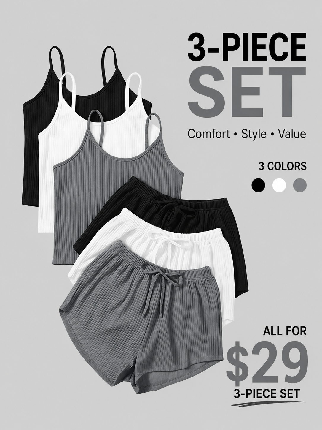 Six-Piece Set Women's Plain RibbedShorts Set