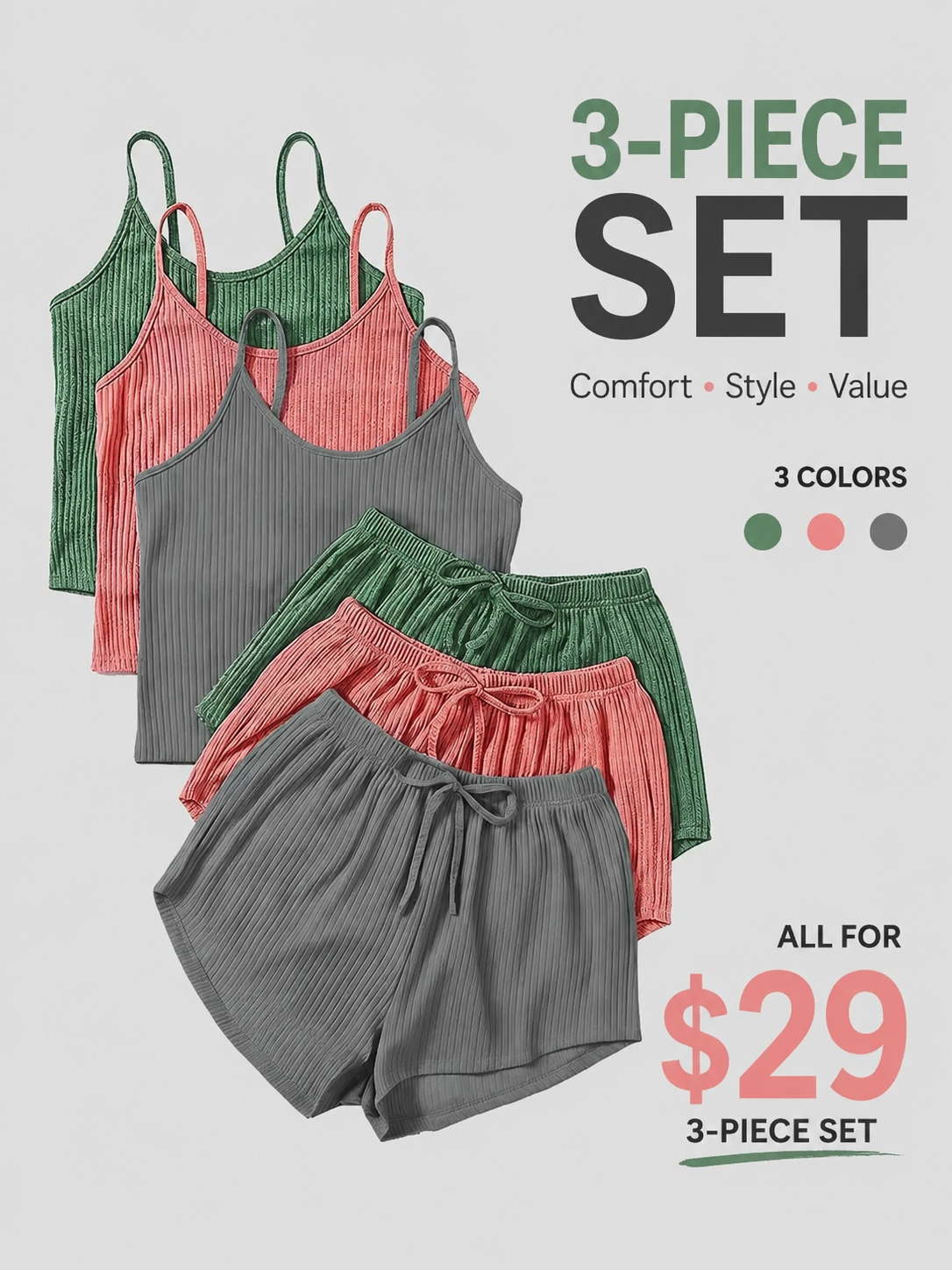Six-Piece Set Women's Plain RibbedShorts Set