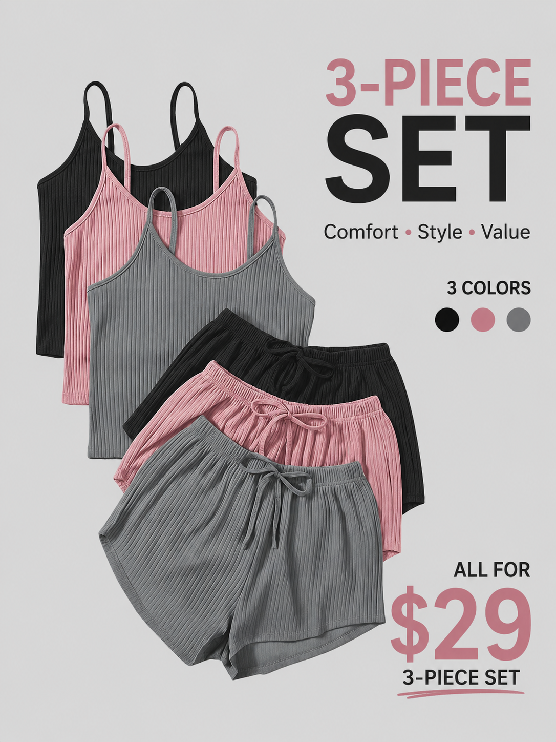 Six-Piece Set Women's Plain RibbedShorts Set