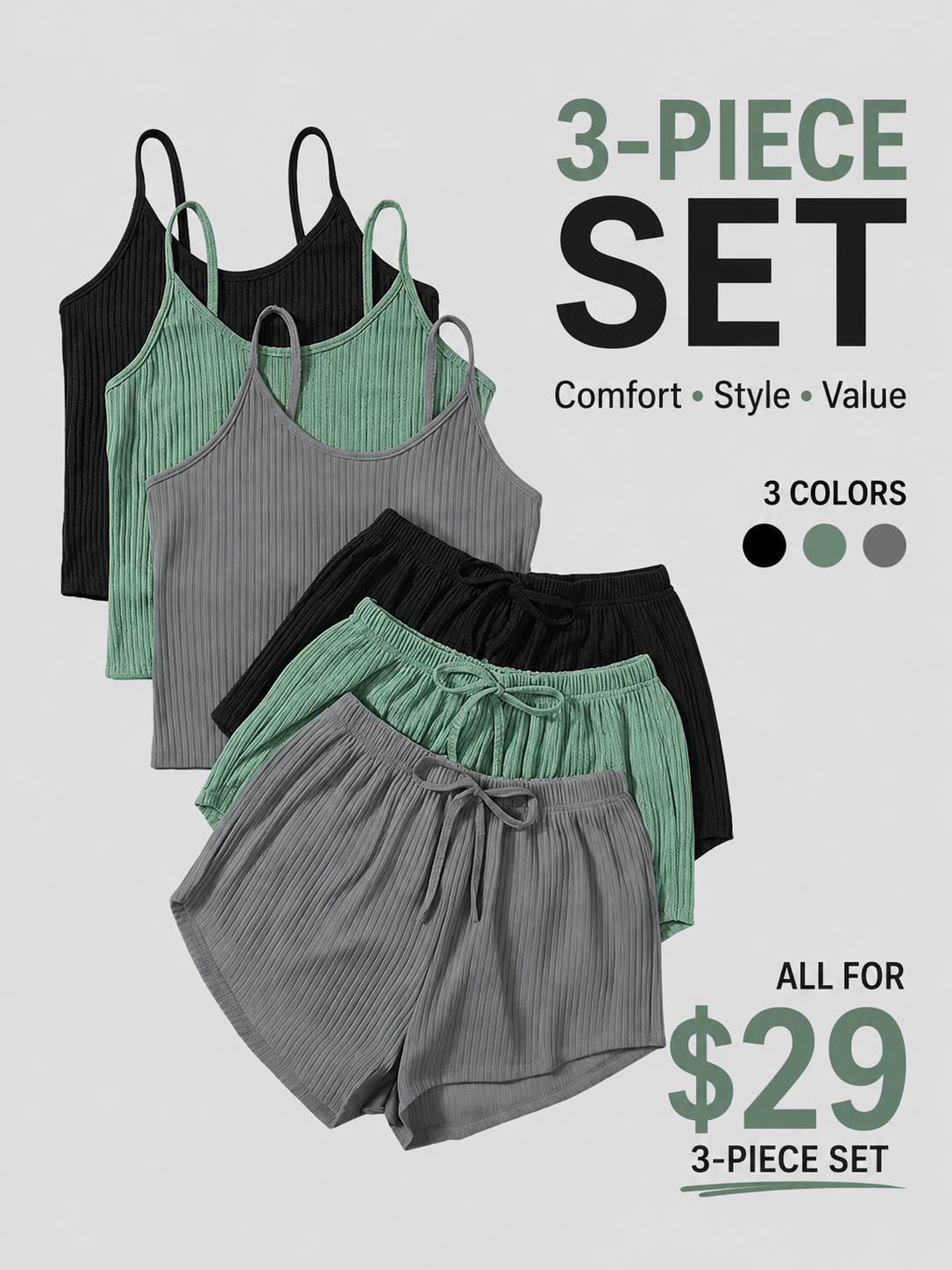 Six-Piece Set Women's Plain RibbedShorts Set