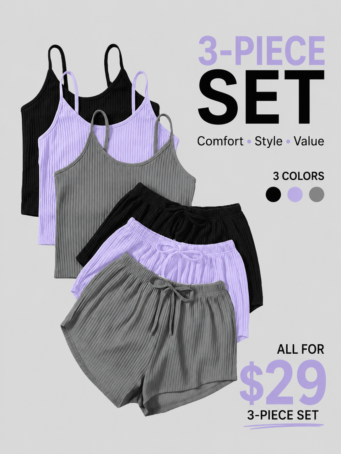 Six-Piece Set Women's Plain RibbedShorts Set