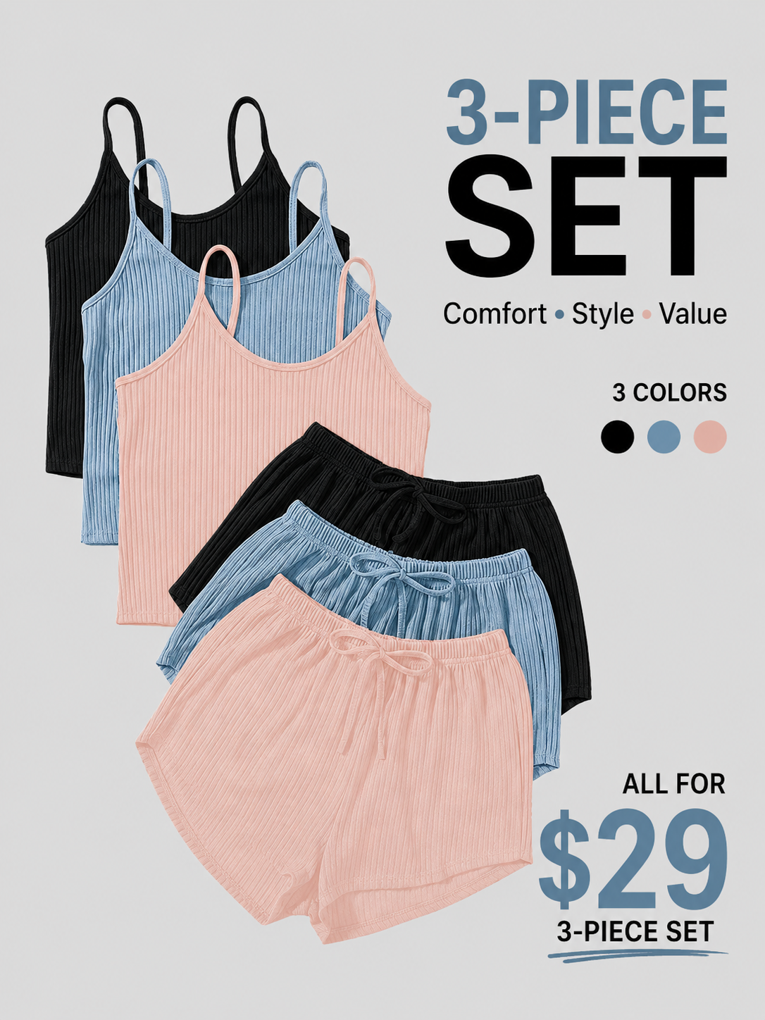 Six-Piece Set Women's Plain RibbedShorts Set
