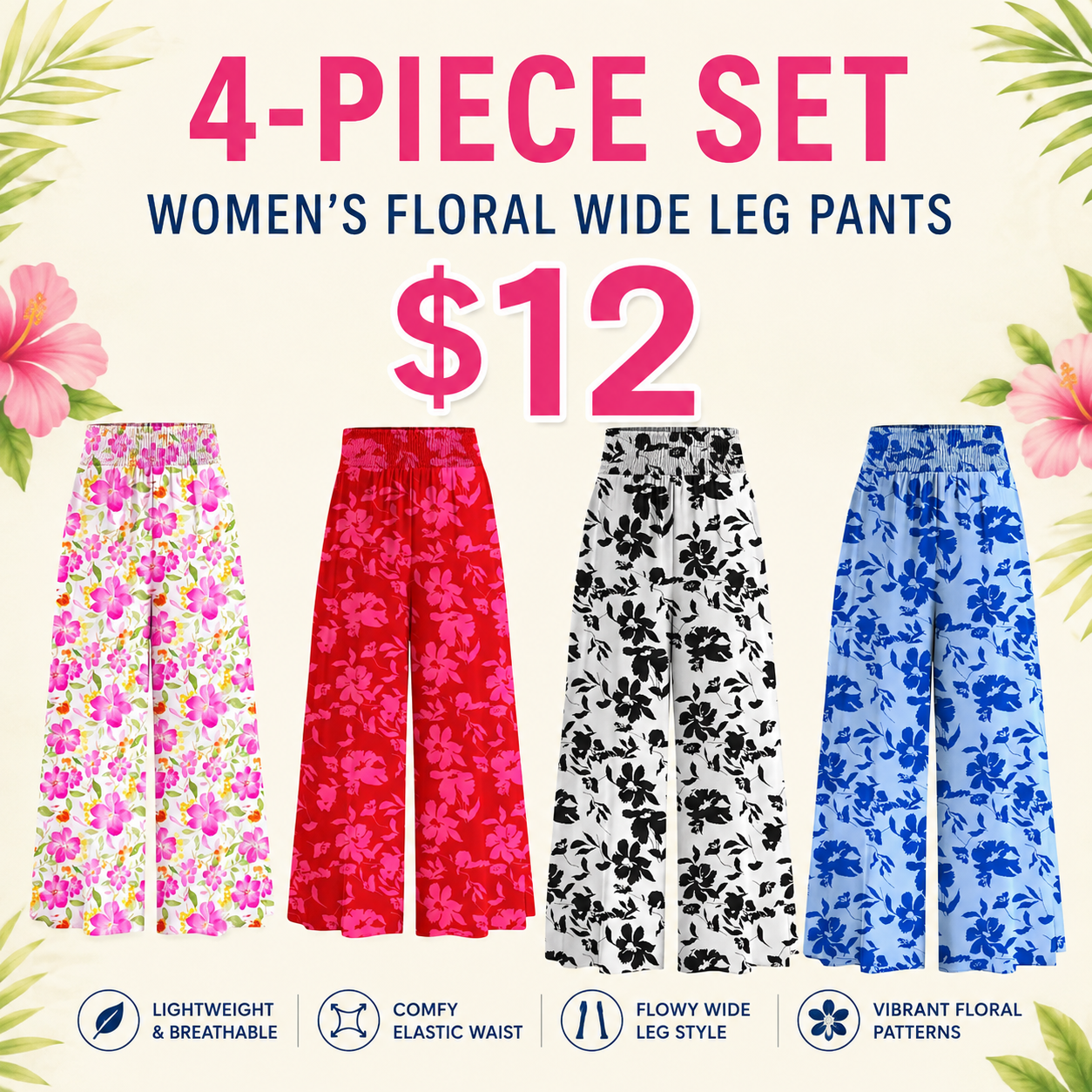 Casual Elastic High WaistedPockets Boho Beach Wide LegPalazzo Pants