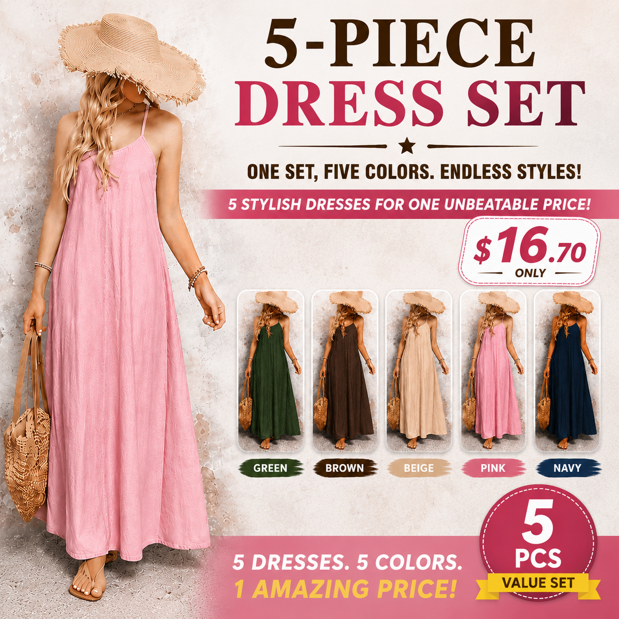 Ladies' Suspender Wash WaterSolid Color Casual Dress（5-Piece Set）