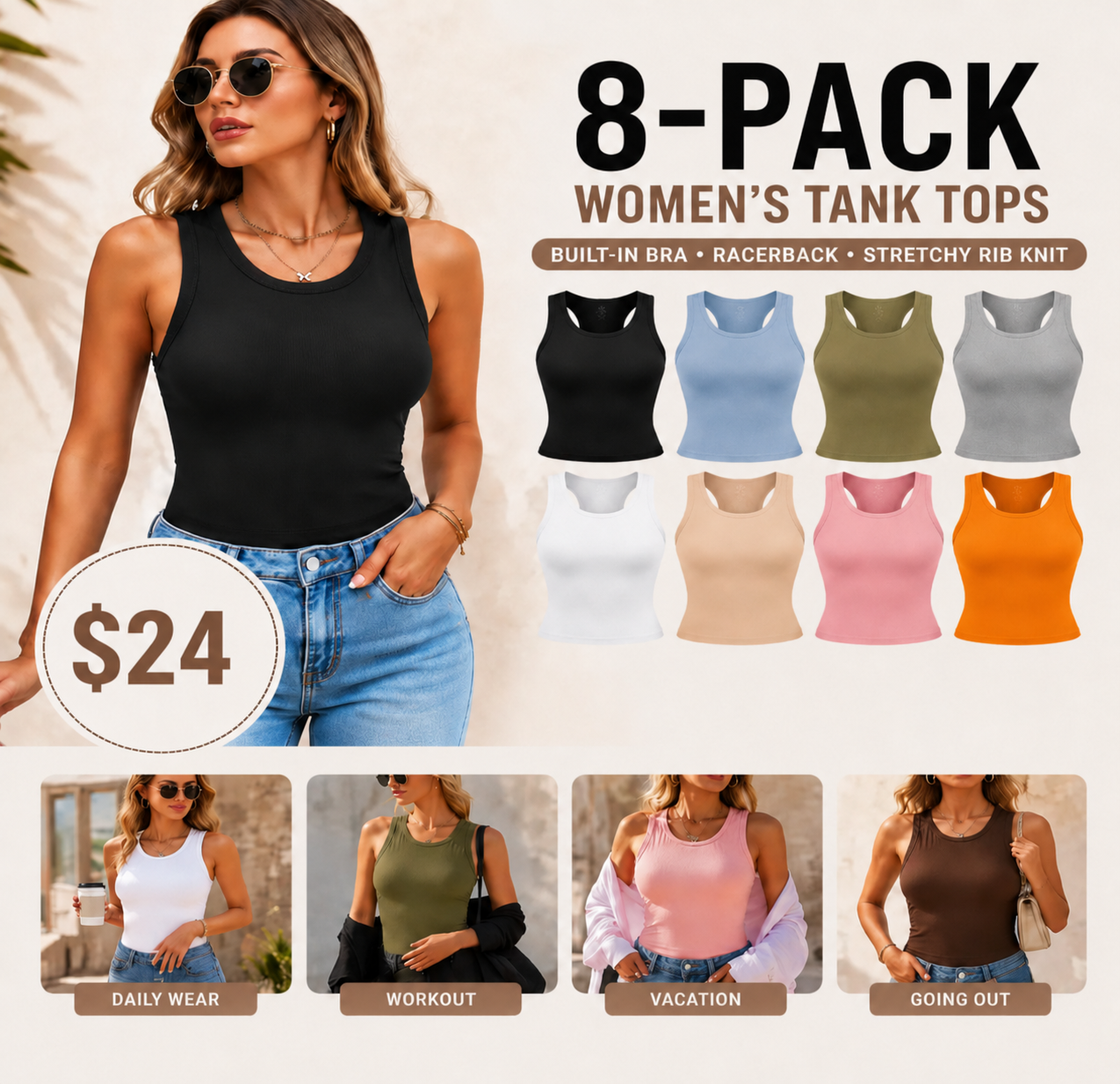  Neck Built-in BraRibbed Tank Top Fit CasualComfortable 
