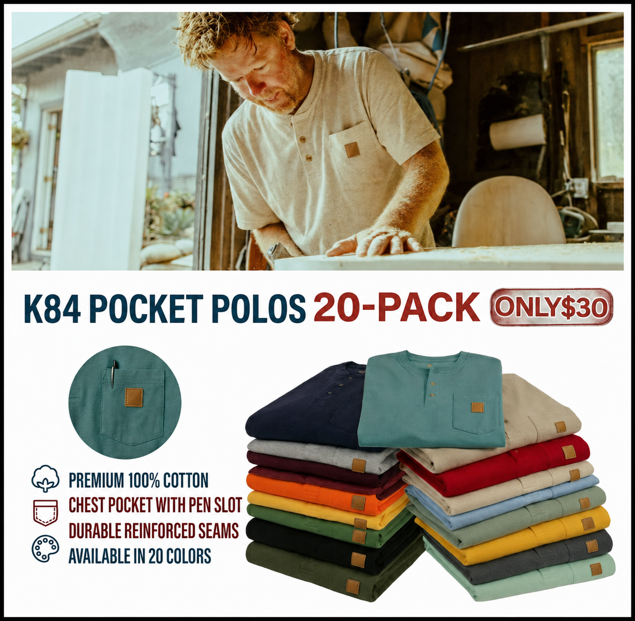🕒Today Only – Last Day Deal ! CHT Men's K84 Heavyweight Work Polo with pocket