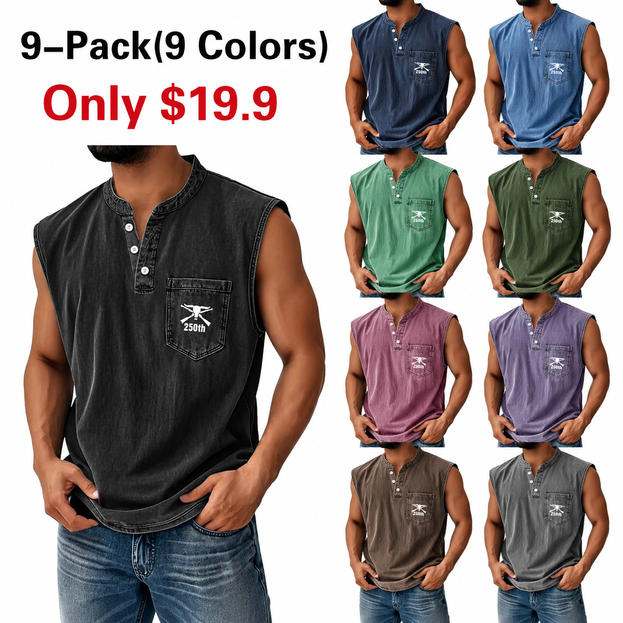 Men's Washed CottonSleeveless Henley Vest