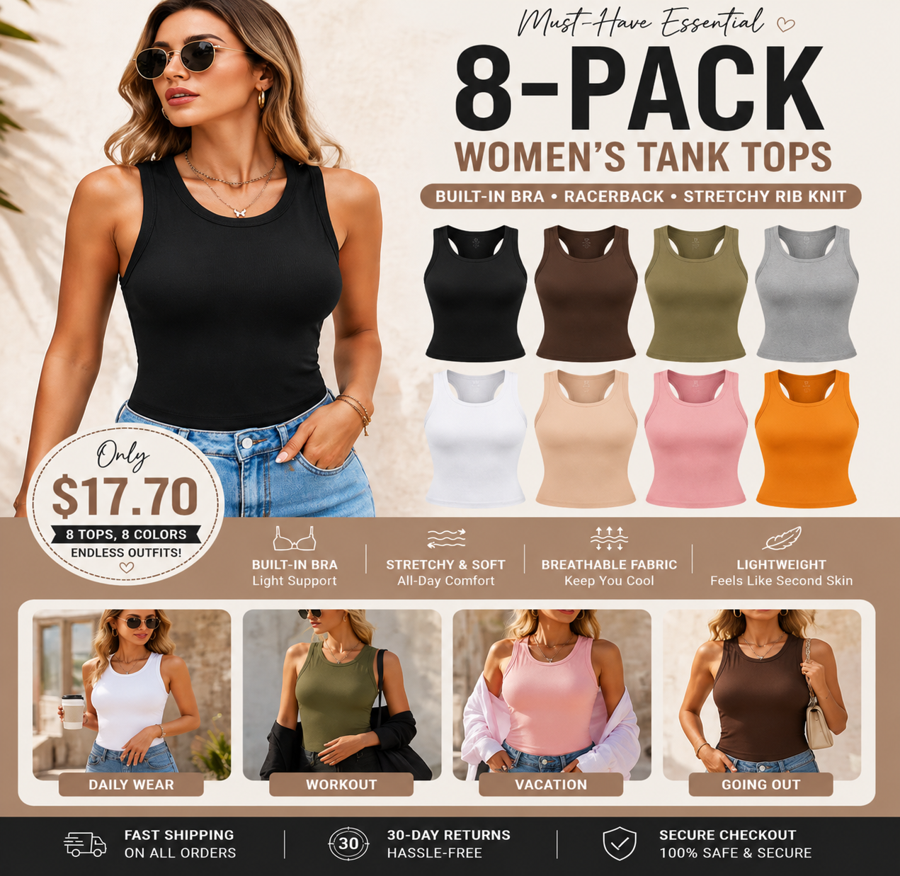  Neck Built-in BraRibbed Tank Top Fit CasualComfortable 