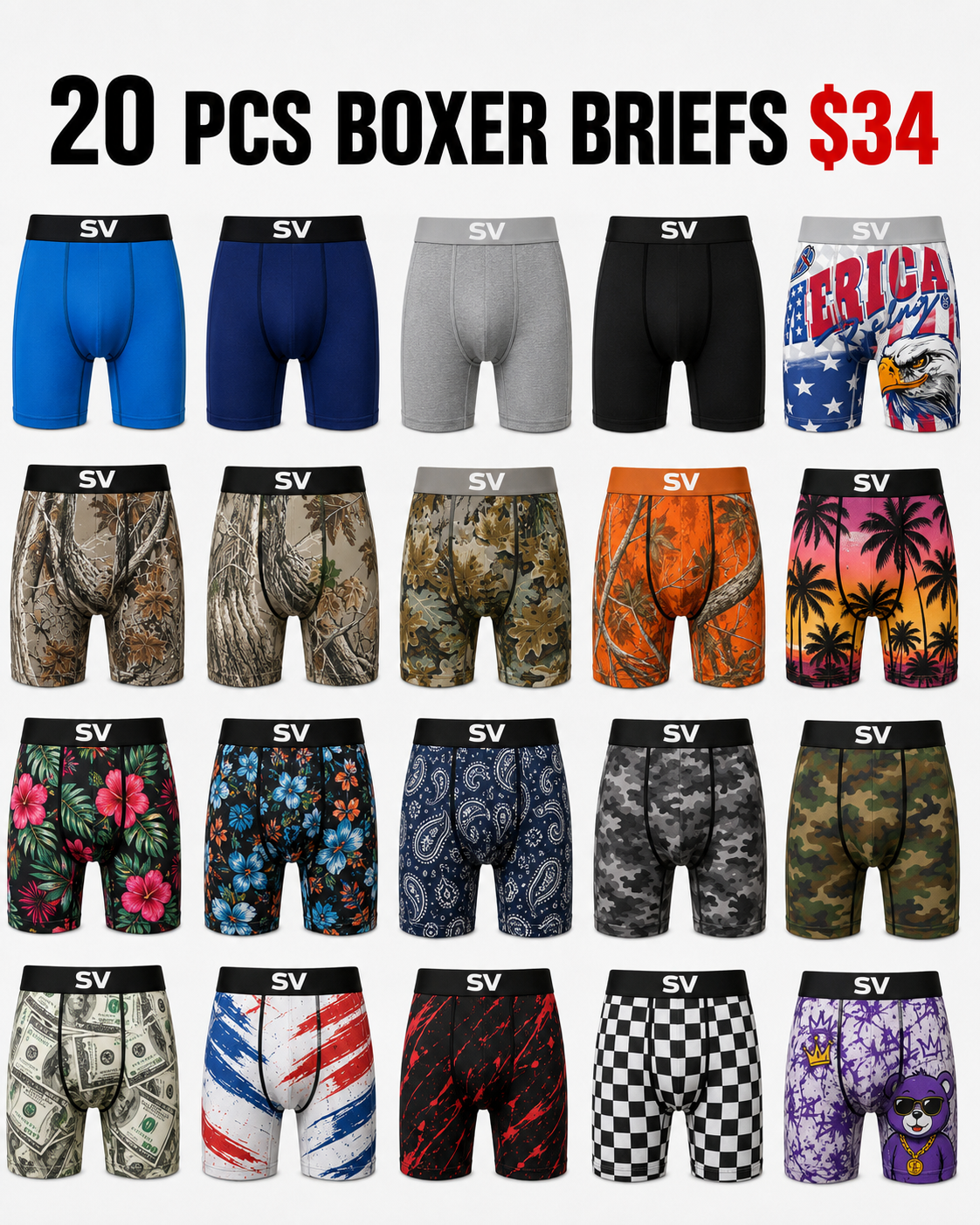 Get 20 assorted men’s boxer briefs for only $34. Great value pack.