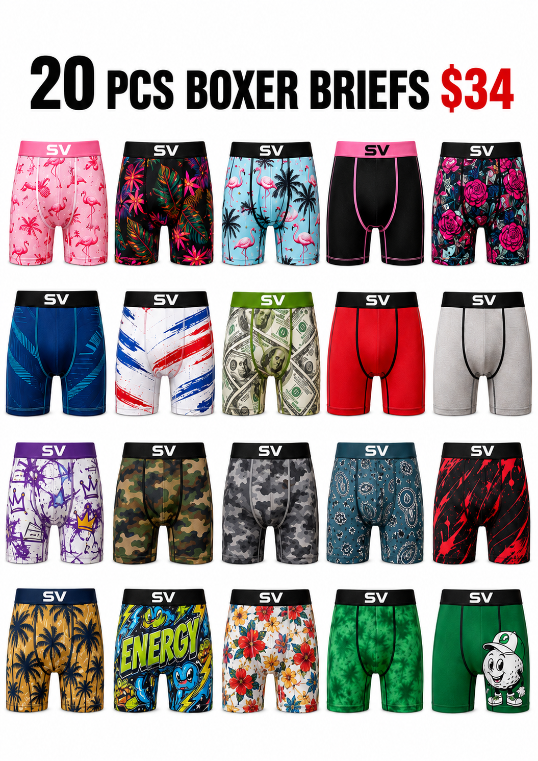 Get 20 assorted men’s boxer briefs for only $34. Great value pack.