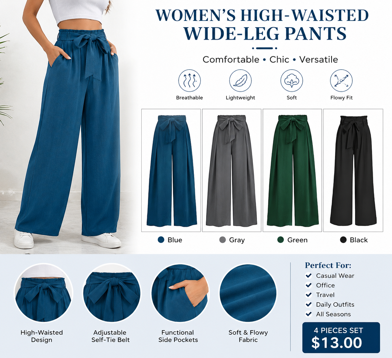 WOMEN'S HIGH-WAISTEDWIDE-LEG PANTS