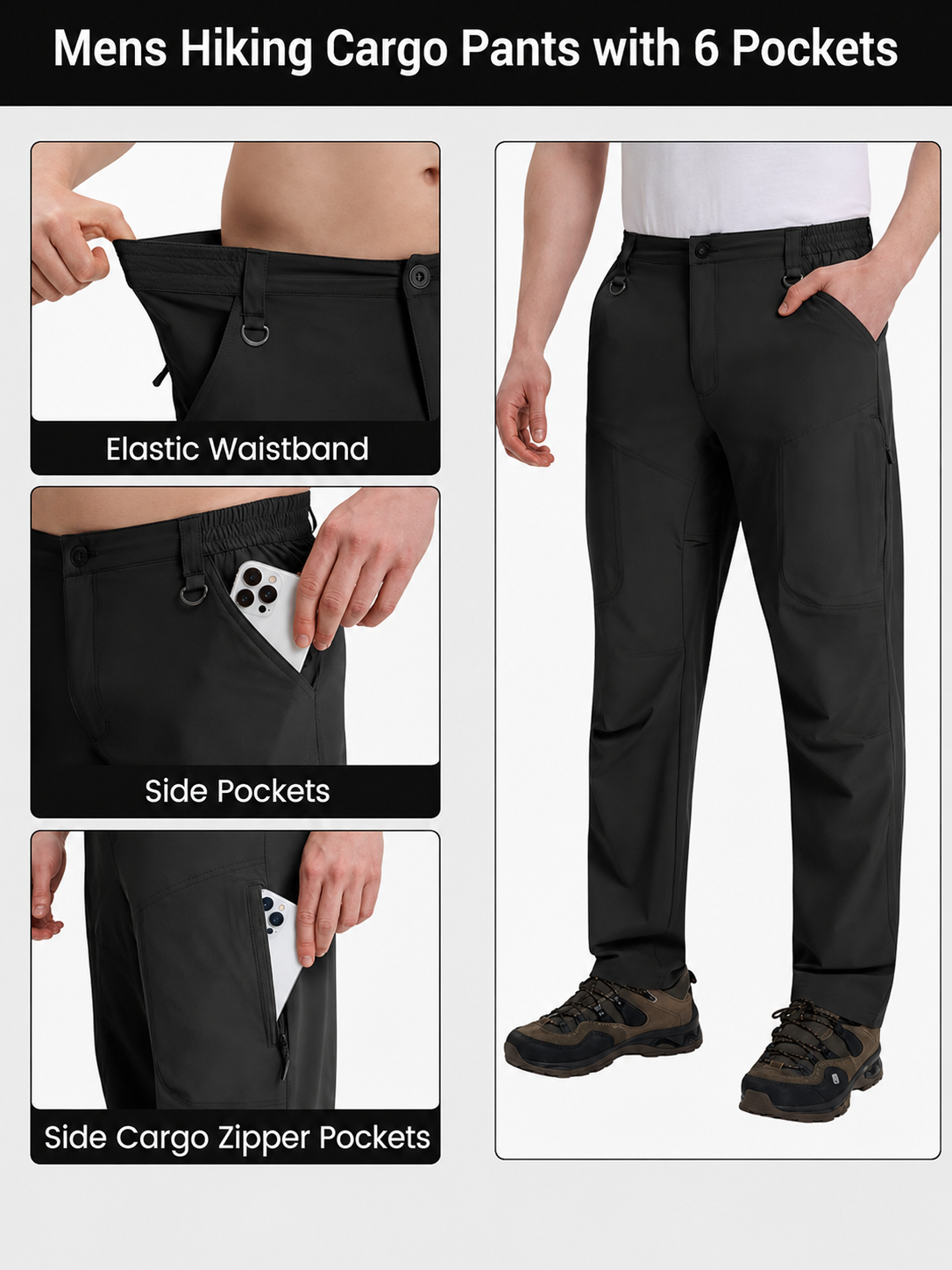  SV Mens Hiking Pants Quick Dry Water Resistant Lightweight Nylon Cargo Pants Breathable Work Travel Pants with 6 Pockets