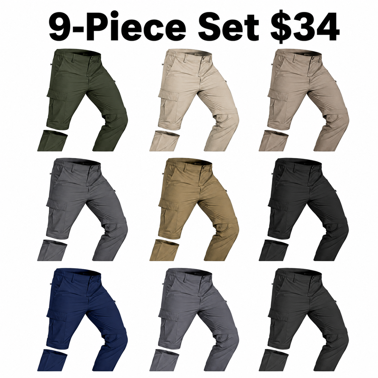 SV Mens Convertible Hiking Pants: 3 in 1 Zip-Off Lightweight Quick-Dry Water-Resistant with 5 Deep Pockets for Travel