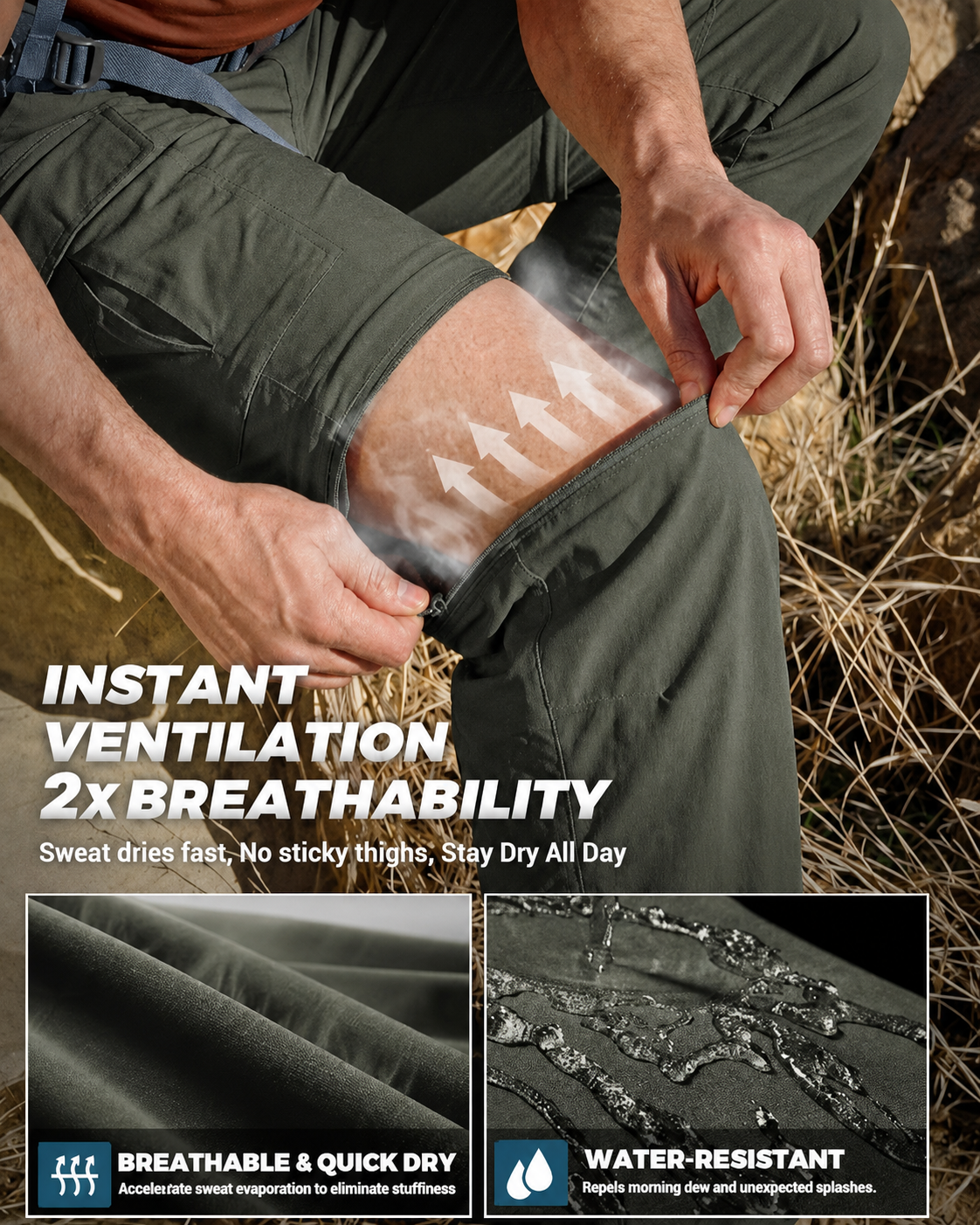 SV Mens Convertible Hiking Pants: 3 in 1 Zip-Off Lightweight Quick-Dry Water-Resistant with 5 Deep Pockets for Travel