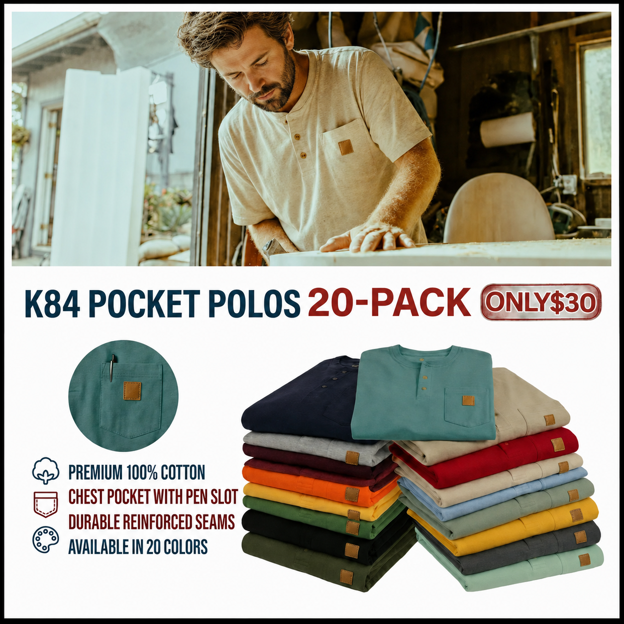 🕒Today Only – Deal! CHT Men's K84 Heavyweight Work Polo with pocket