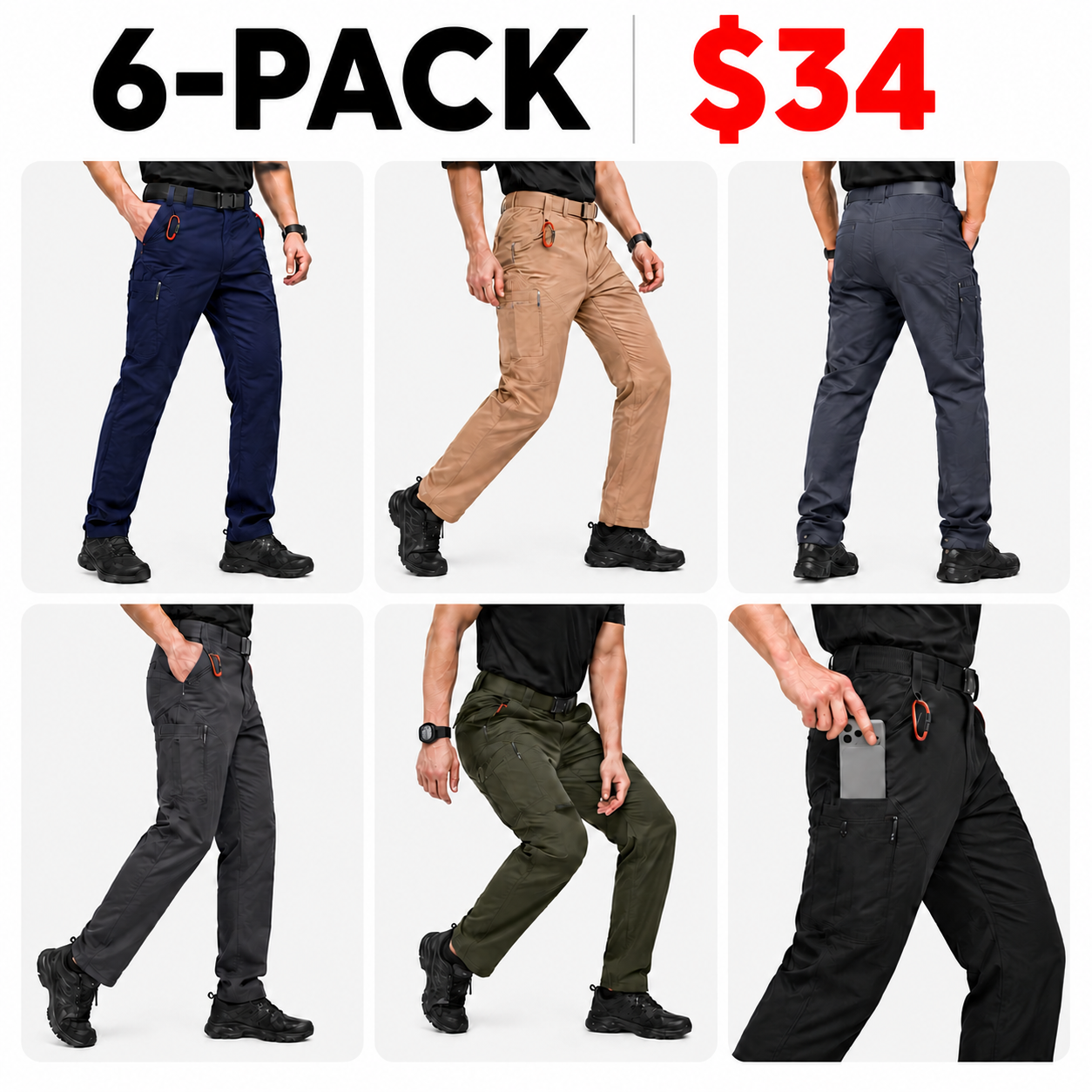 SV Mens Hiking Pants Quick Dry Water Resistant Lightweight Nylon Cargo Pants Breathable Work Travel Pants with 6 Pockets