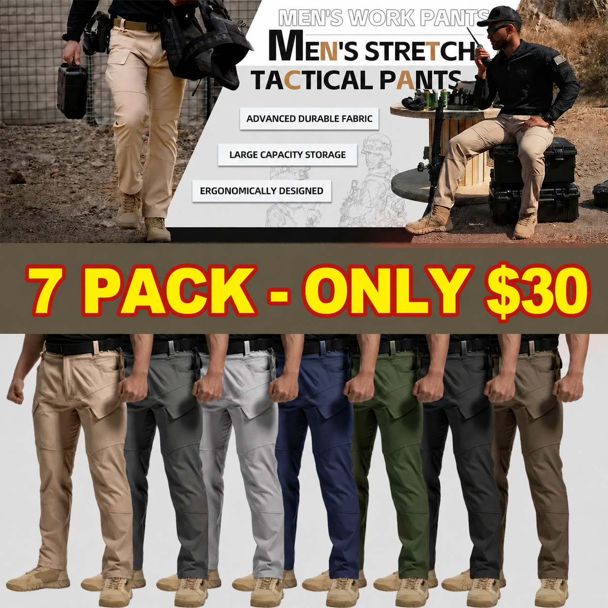 🔥Men's 7-Pack Tactica Waterproof Elastic Fabric Ripstop EDC Cargo Pant