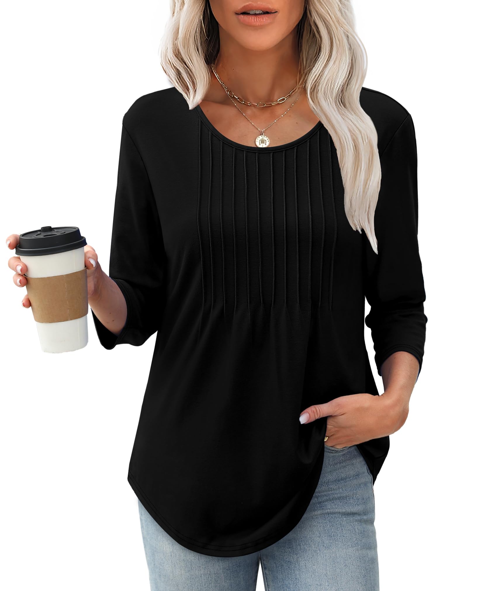 Women's 3/4 Length SleeveCrewneck Casual Pleated TunicTops