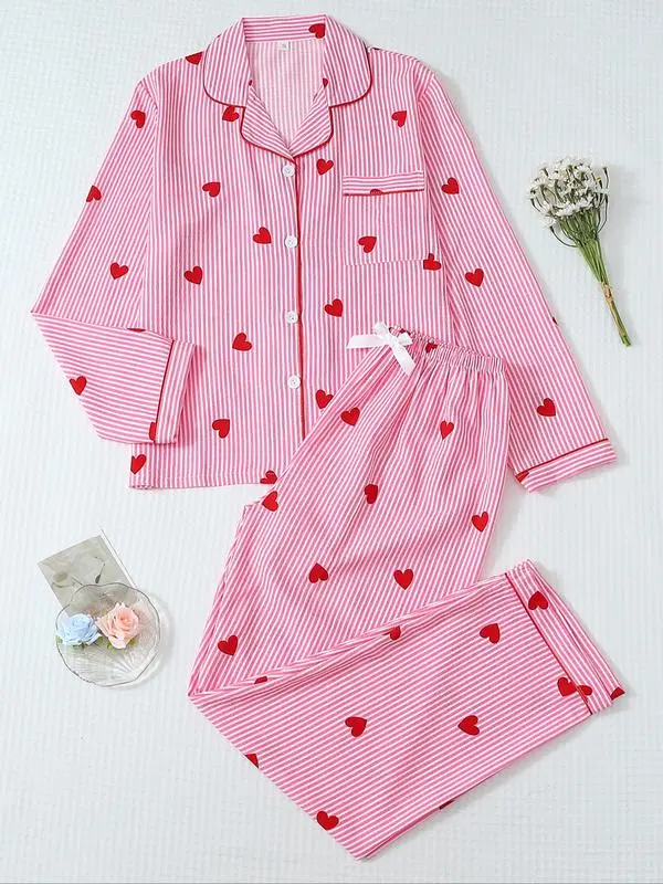 Women's Striped Bow Print LongSleeve Pajama Set, Sweet CuteButton Front Top and Pants