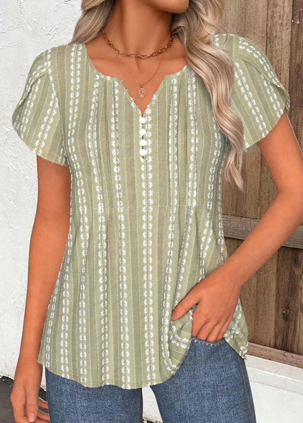 White Curved Hem Short Sleeve Split Neck T Shirt