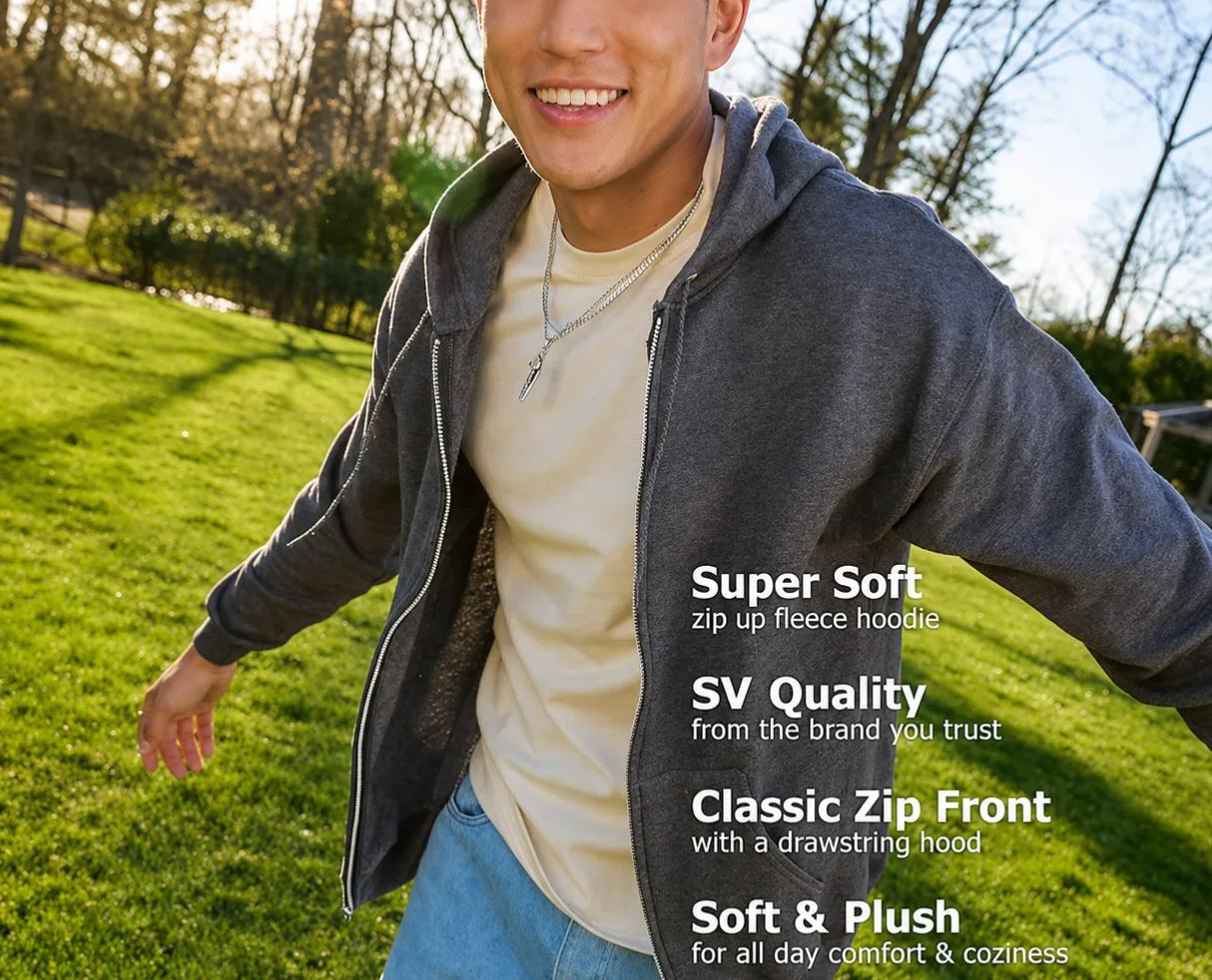  Men's Zip-up Hoodie,  Fleece Full-zip Hoodie for Men, Hooded Sweatshirt