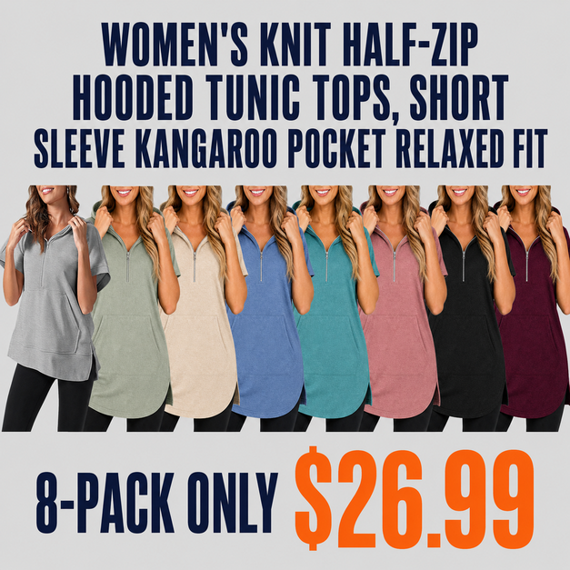 Women's Knit Half-Zip Hooded Tunic Tops, Short Sleeve Kangaroo Pocket Relaxed Fit