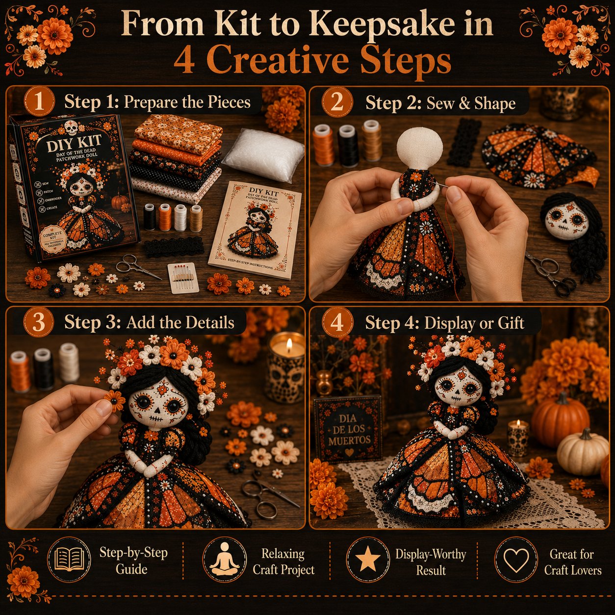 🔥 Day of the Dead Patchwork Doll DIY Kit | Handmade Fabric Craft with Floral Details