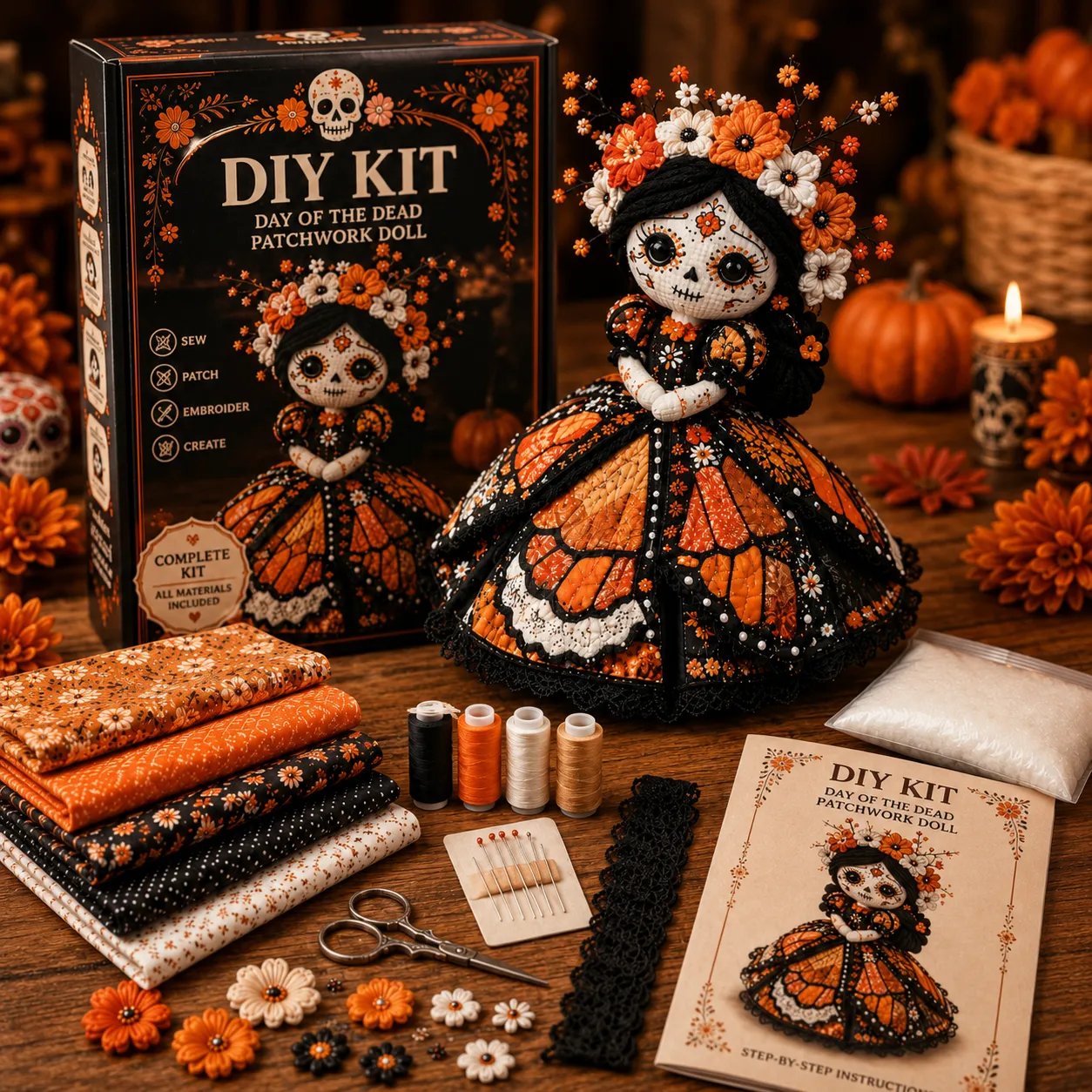 🔥  Day of the Dead Patchwork Doll DIY Kit | Handmade Fabric Craft with Floral Details