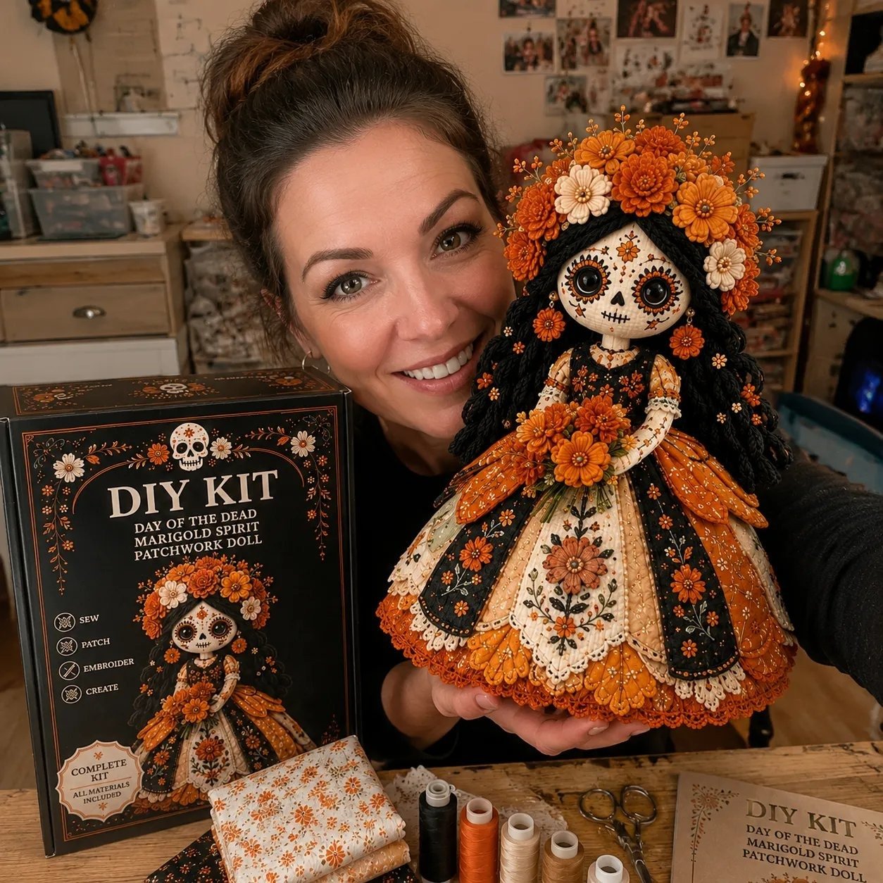 🔥 Day of the Dead Patchwork Doll DIY Kit | Handmade Fabric Craft with Floral Details