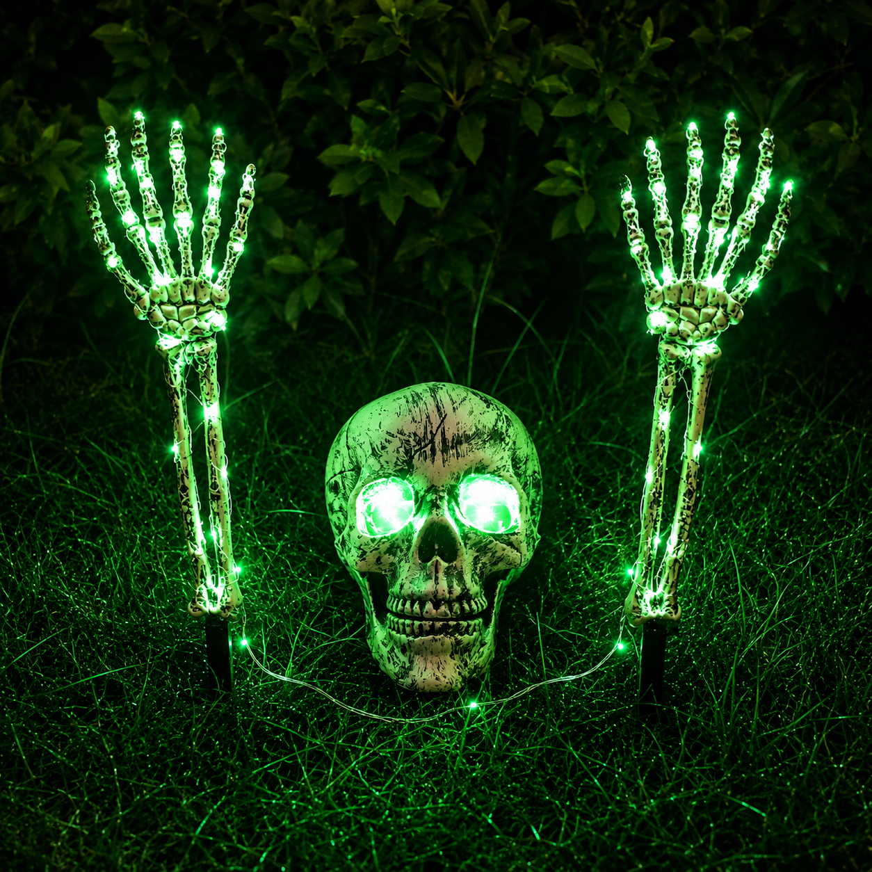 👻Solar-Powered Halloween Skull & Skeleton Hands Garden Decor | Auto Light-Up Yard Display
