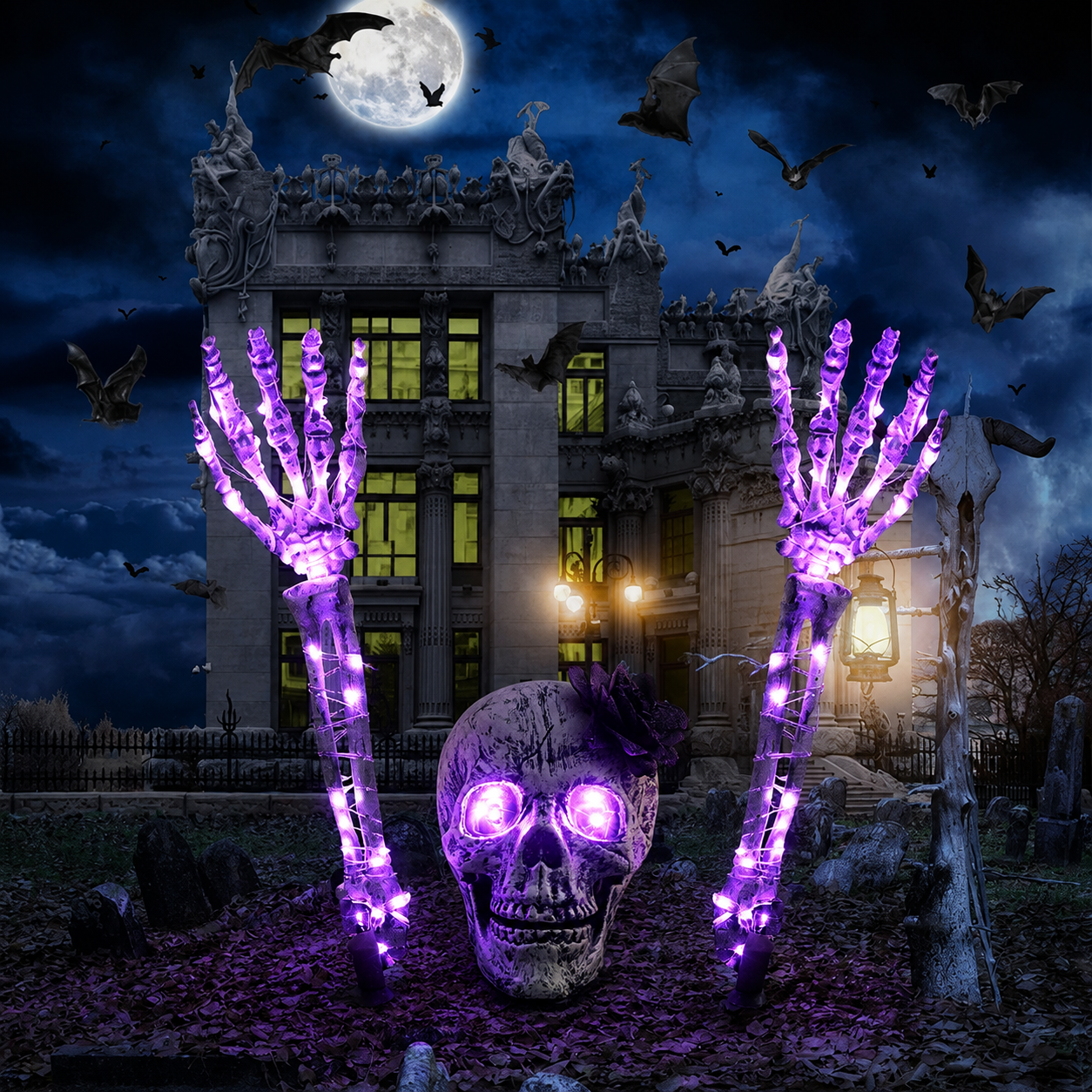 👻Solar-Powered Halloween Skull & Skeleton Hands Garden Decor | Auto Light-Up Yard Display