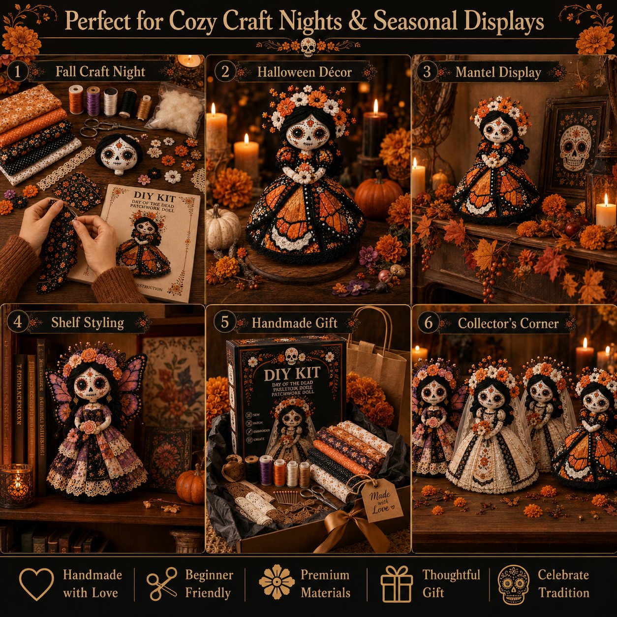 🔥 Day of the Dead Patchwork Doll DIY Kit | Handmade Fabric Craft with Floral Details