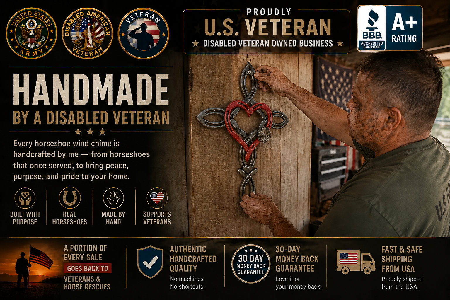Disabled Veteran Horseshoe Wind Chime Cross
