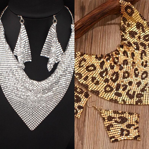 Collier et boucles d’oreilles pour femmes – Foulard triangulaire léopard, look tendance audacieux