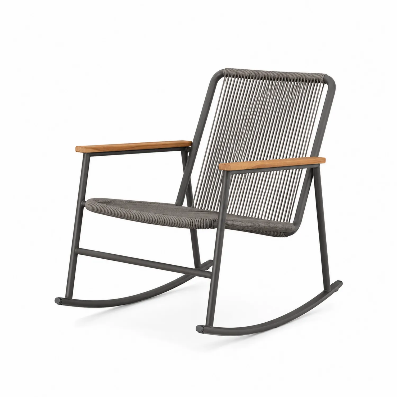 Silla mecedora de metal gris y madera de teca