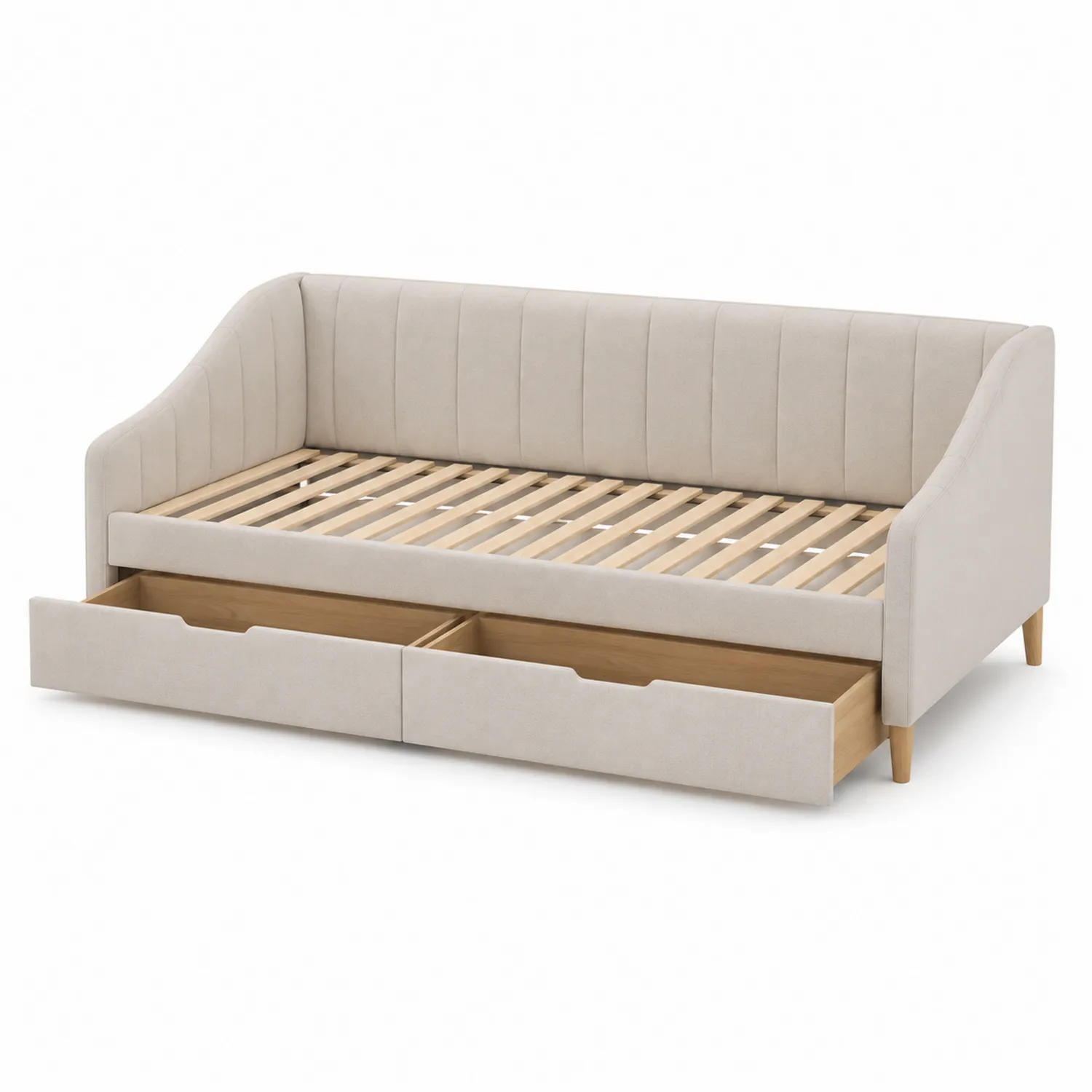 Cama de día beige con cajones de madera y tapizado de tela