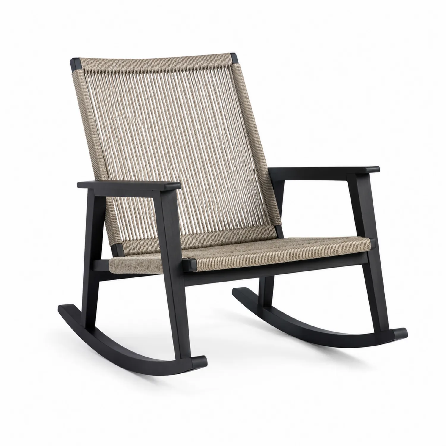 Silla mecedora de cuerda con estructura de metal negro