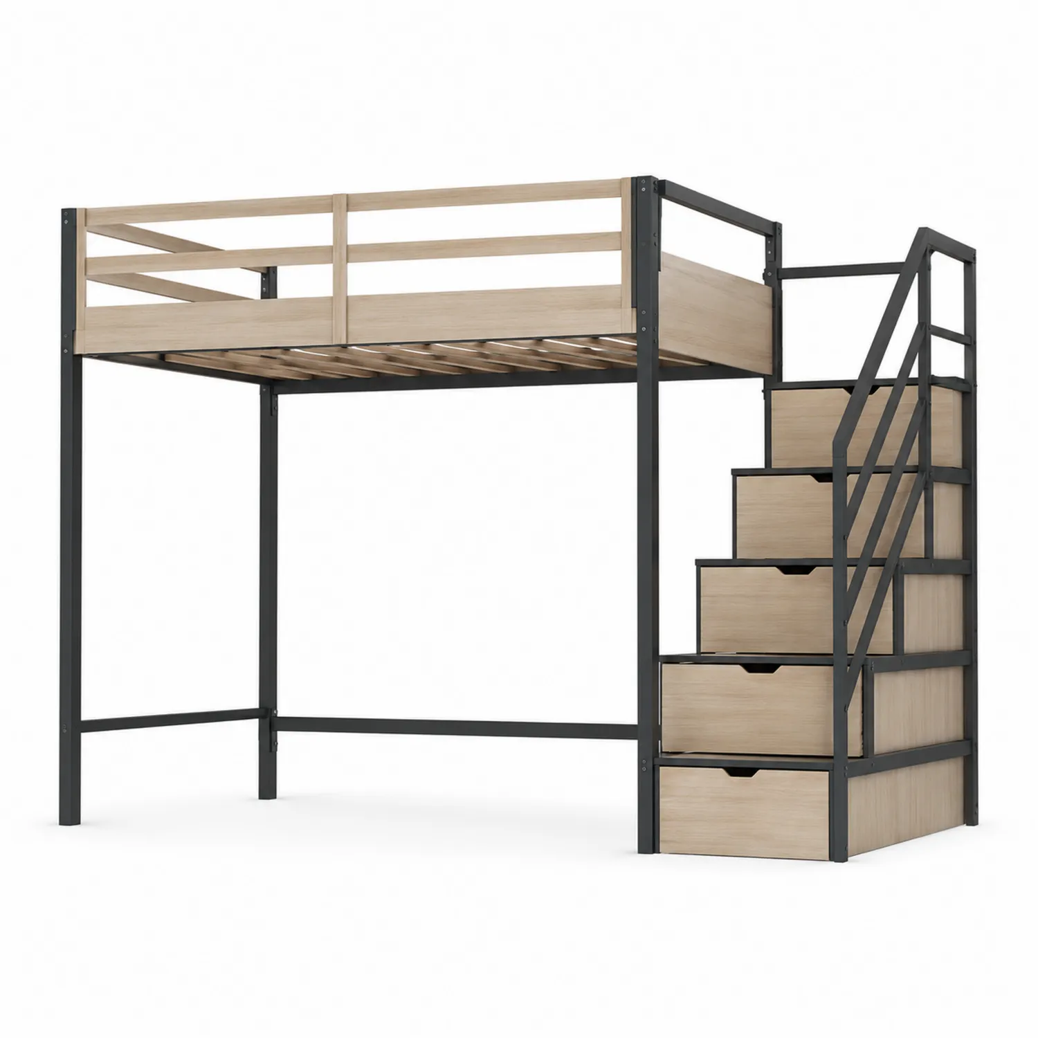 Cama alta de metal y MDF con escalera y cajones 200x100x180 cm