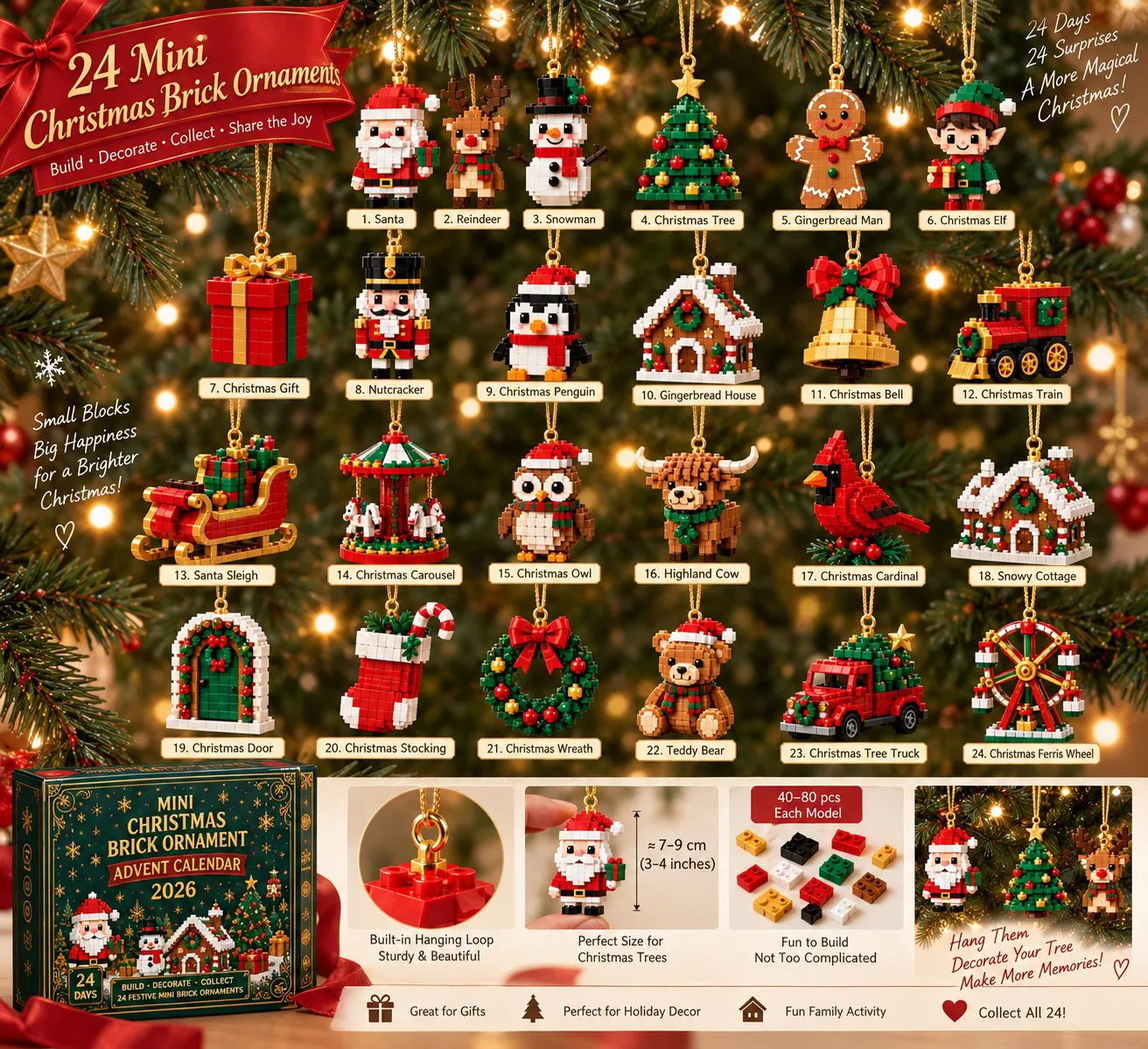 Collection of 24 different Christmas-inspired building block pendants