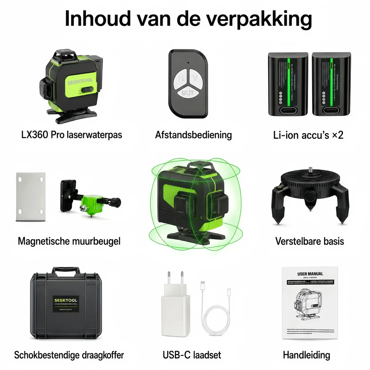 SEEKTOOL LX360 Pro 4×360° groene kruislijnlaser met 16 lijnen