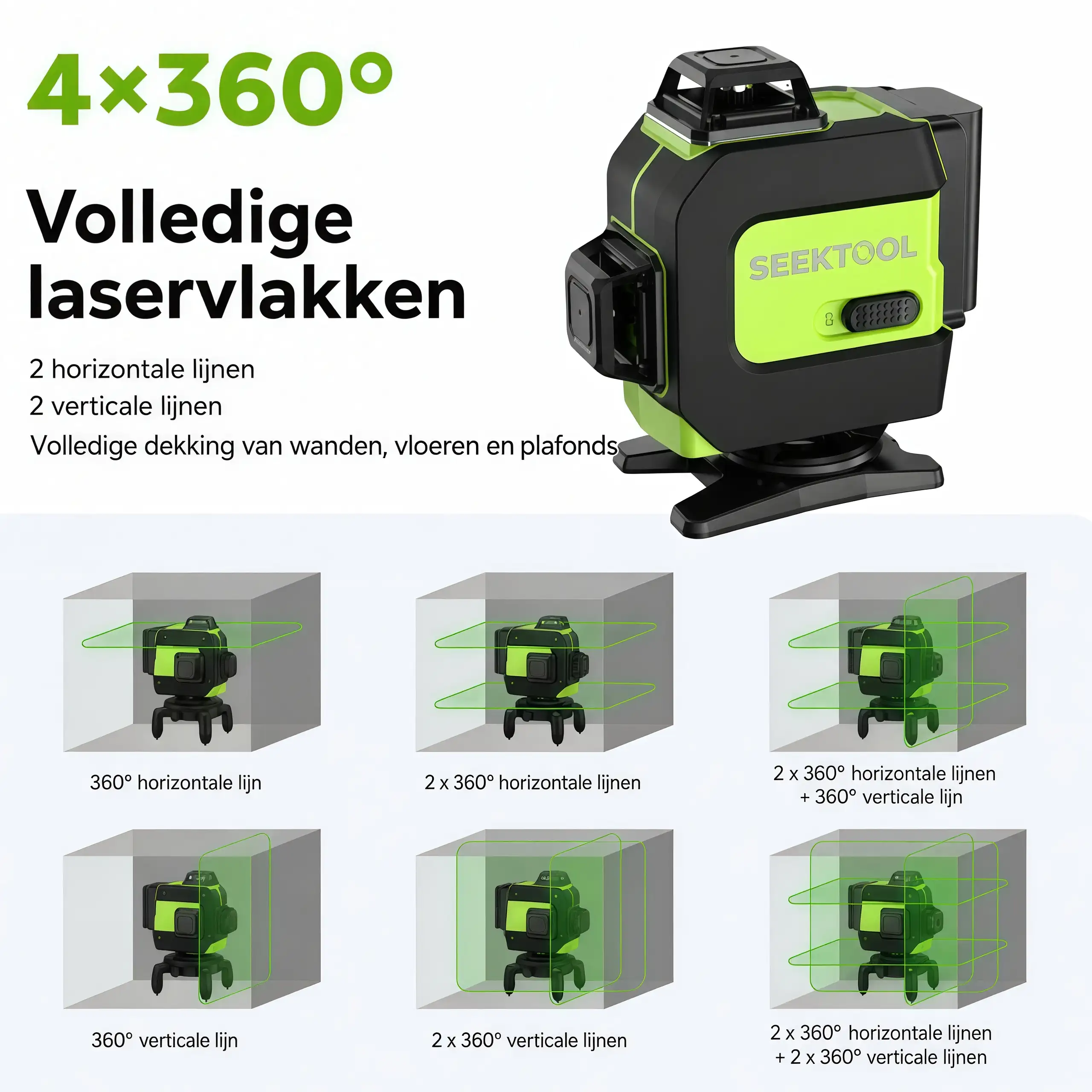 SEEKTOOL LX360 Pro 4×360° groene kruislijnlaser met 16 lijnen