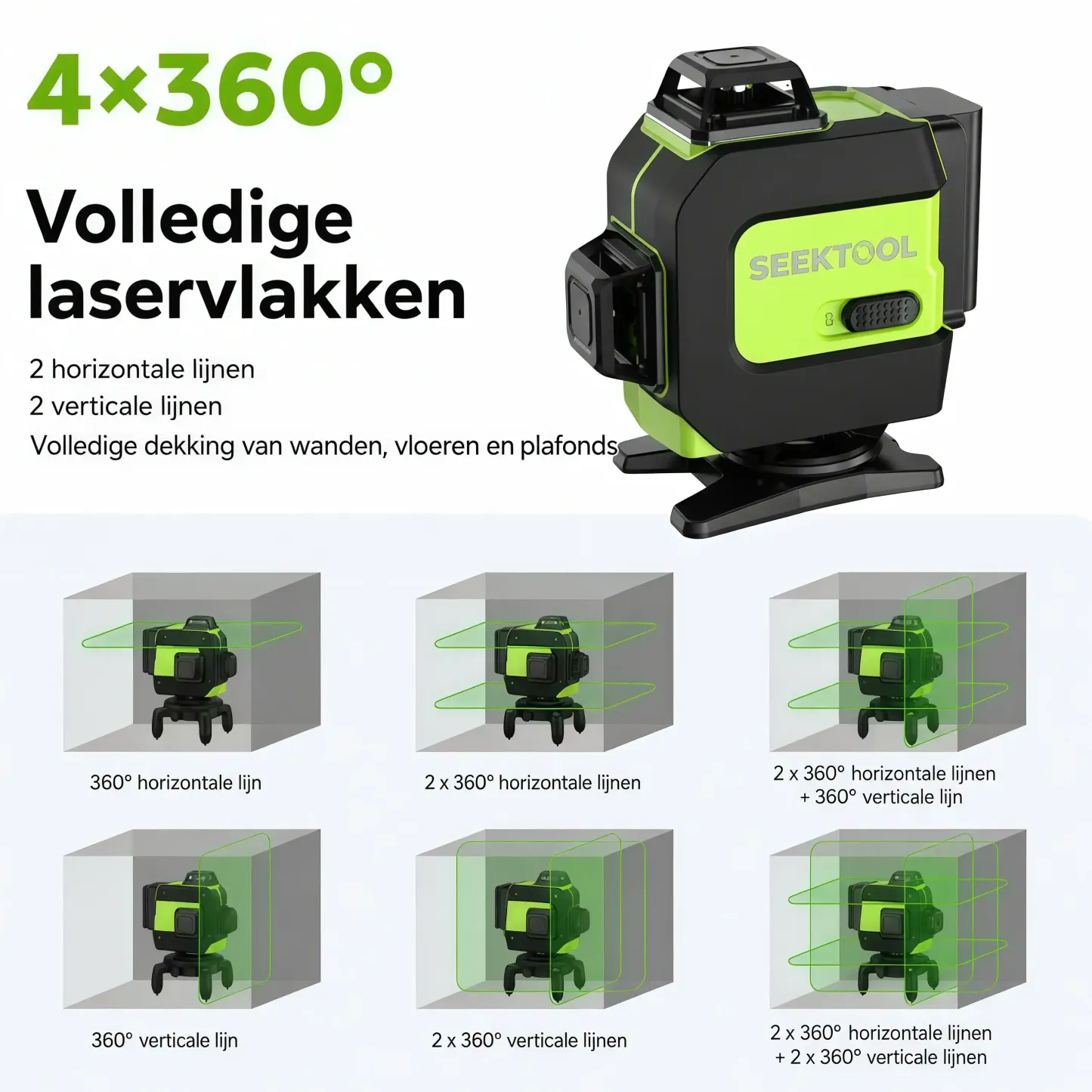 SEEKTOOL LX360 Pro 4×360° groene kruislijnlaser met 16 lijnen