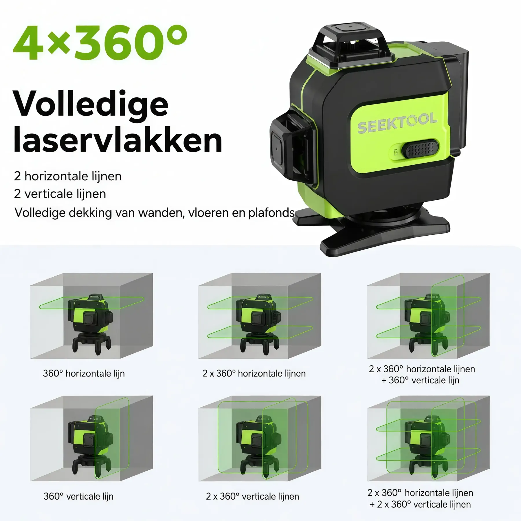 SEEKTOOL LX360 Pro 4×360° groene kruislijnlaser met 16 lijnen