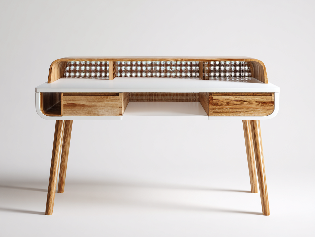 Bureau - bois-MDF-rotin - 136x63x94 cm - blanc-chêne - style naturel vintage-Cozyupio