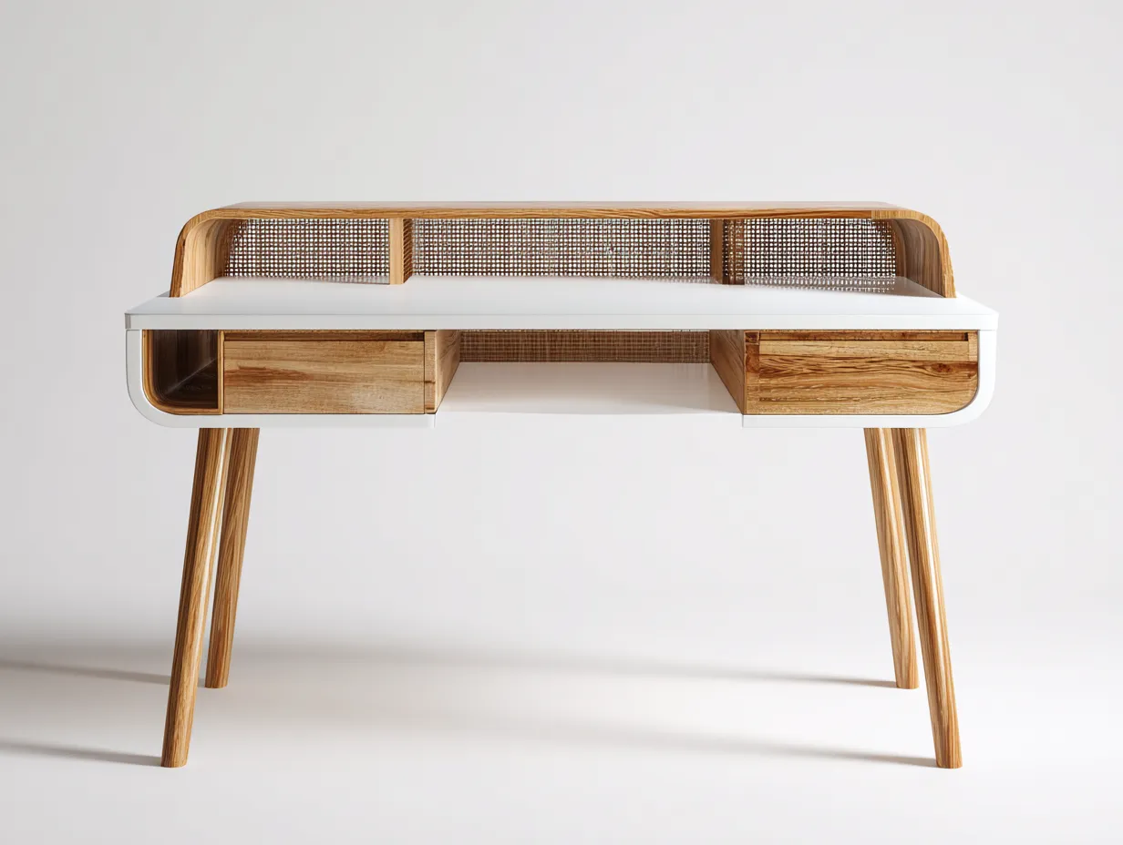 Bureau - bois-MDF-rotin - 136x63x94 cm - blanc-chêne - style naturel vintage-Cozyupio